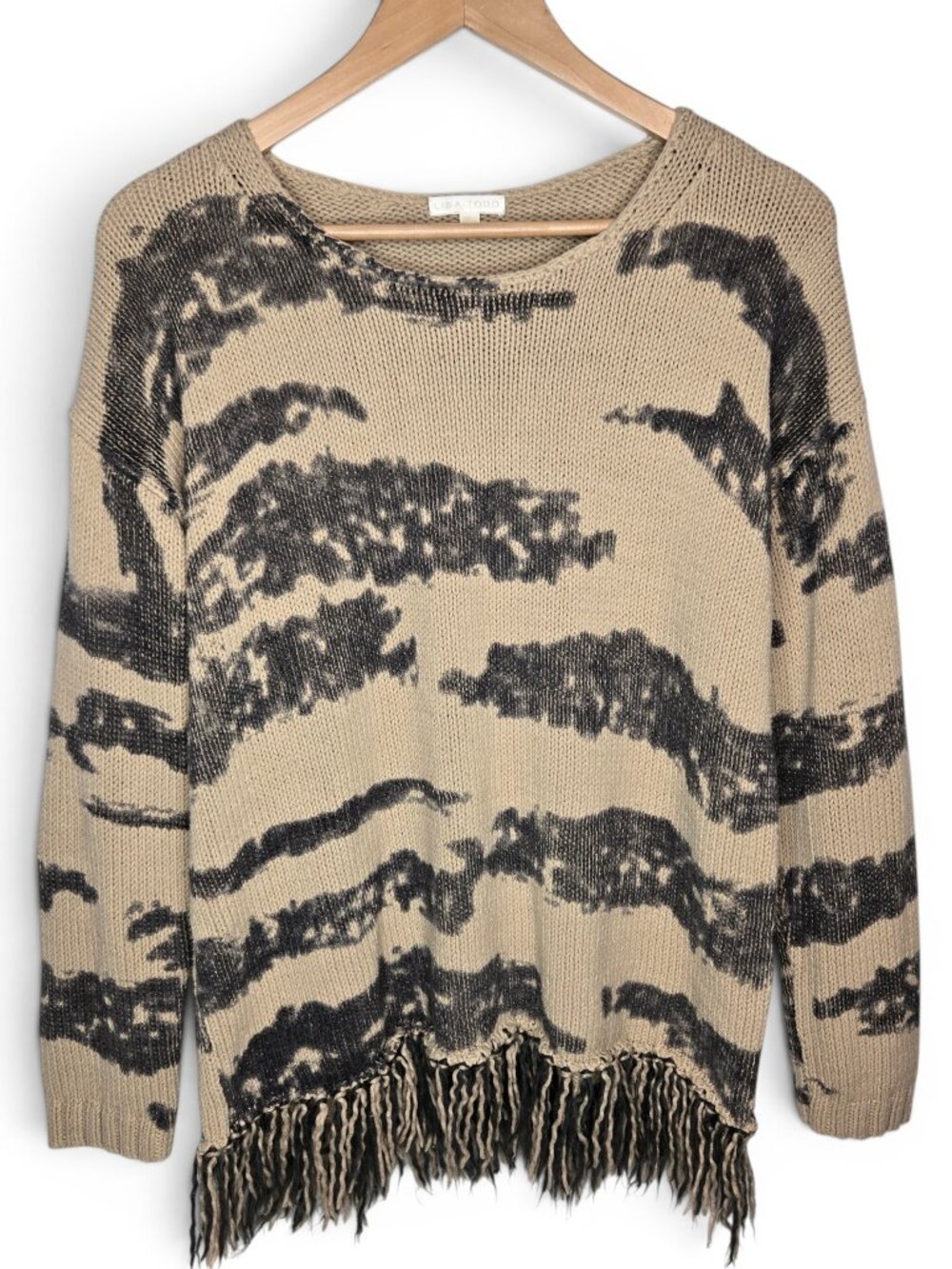Lisa Todd Fringe Bottom Sweater Womens Cloud Pattern Knit Pullover Bohemian XL